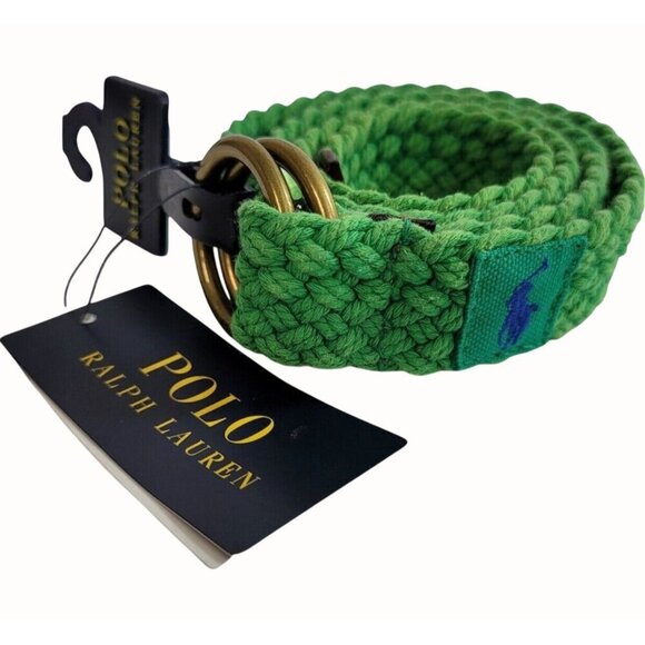 Polo Ralph Lauren Green Webbed Cotton ORing Belt Leather Trim Braided New Medium